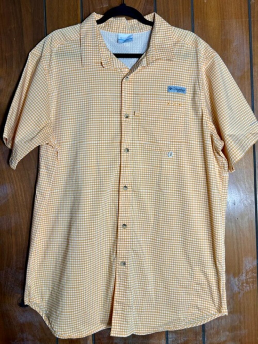 Columbia PFG S/S Button Down Orange White Gingham Plaid Shirt Sz Lg Tall